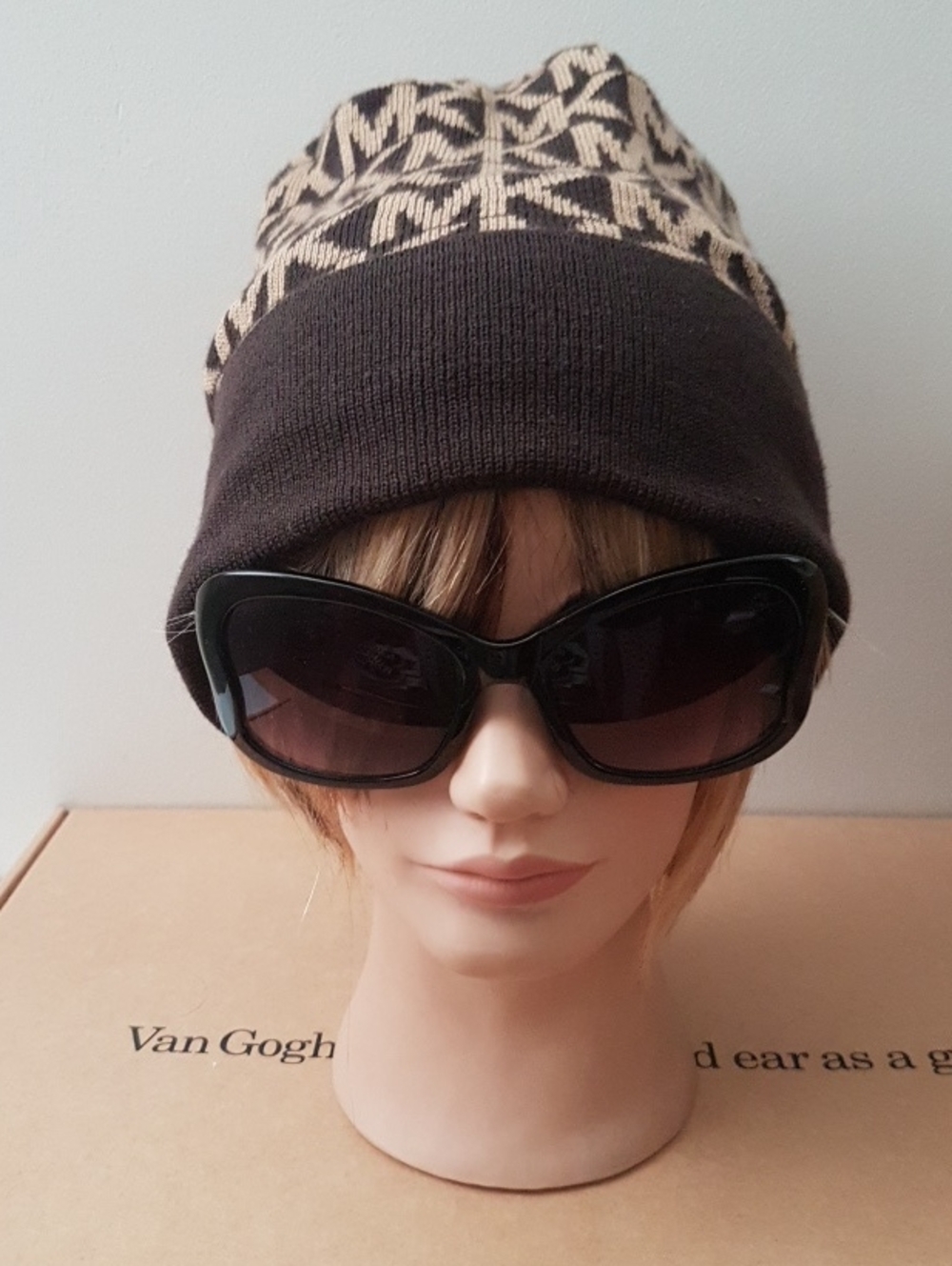 Michael Kors Brown and Tan MK Logo Knit Beanie